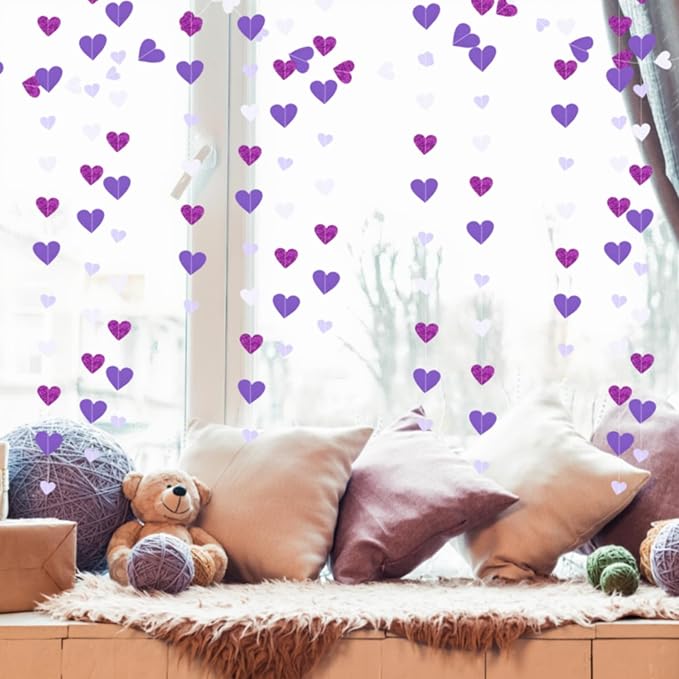 10 Pack 130ft Purple Lavender White Holographic Heart Party Garland Asymmetrical Love Hanging Banners for Birthday Wedding Baby Bridal Shower Engagement Bachelorette Graduation Decorations