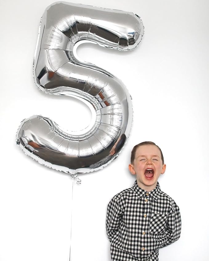 Silver Number 5 Balloon 40 Inch, 5 Balloon Number, 5th Birthday Decorations, Silver Party Supplies for Boys Girls