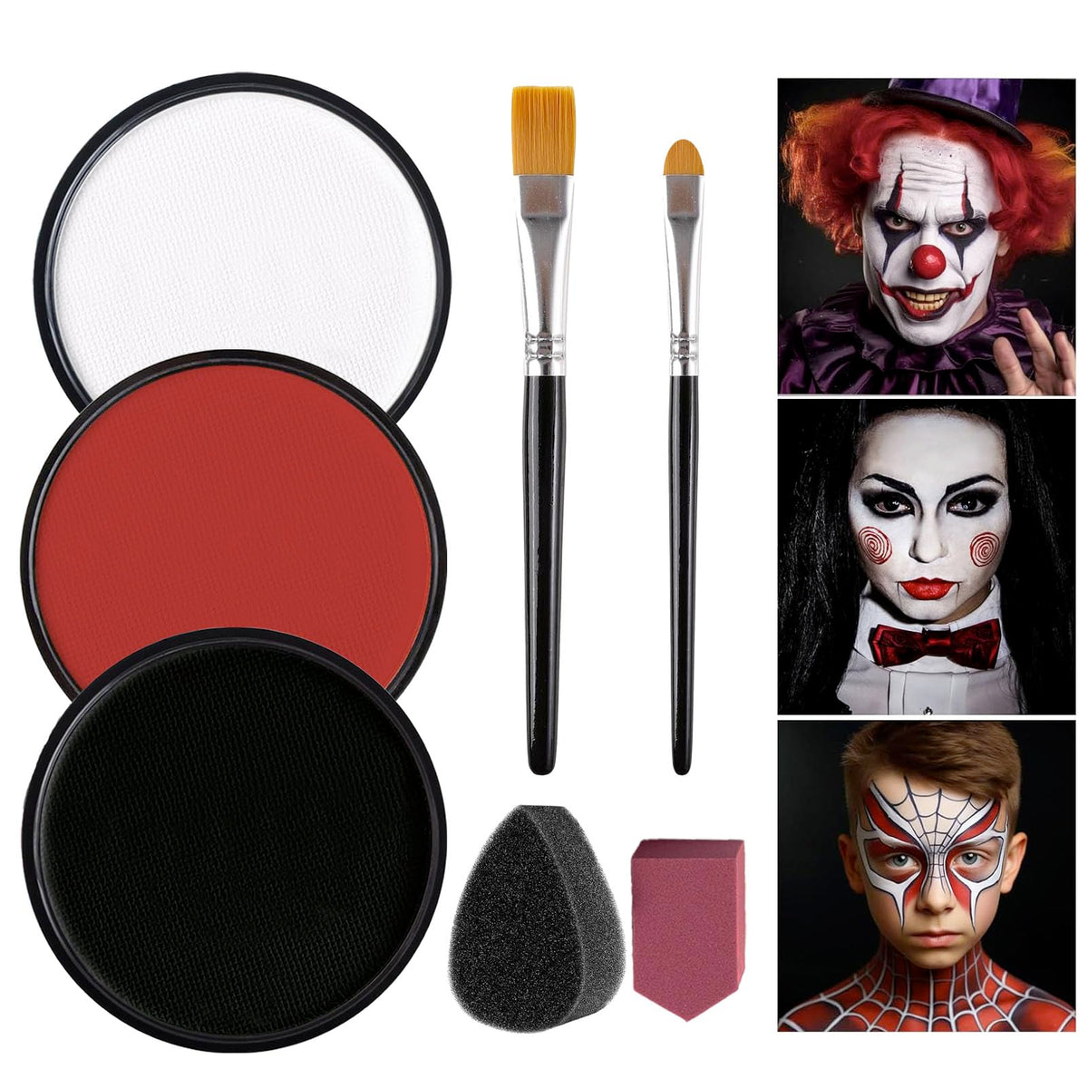 Black + White + Red Face Body Paint, Water-Based Face Painting Kit Professional, Large Capacity SFX Makeup Set with brush & Powder puff, Sponge for Halloween Makeup Clown, Cosplay, Stage