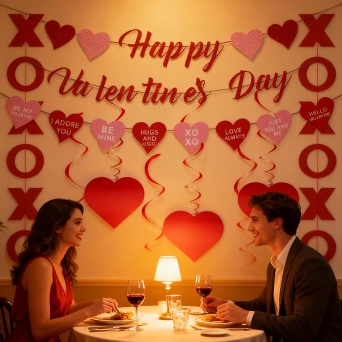 Valentines Day Decorations Set for Party, Happy Valentines Banner, XO Garlands, Hanging Swirls Heart Decor for Home Wedding Anniversary Party Supplies (Valentines)