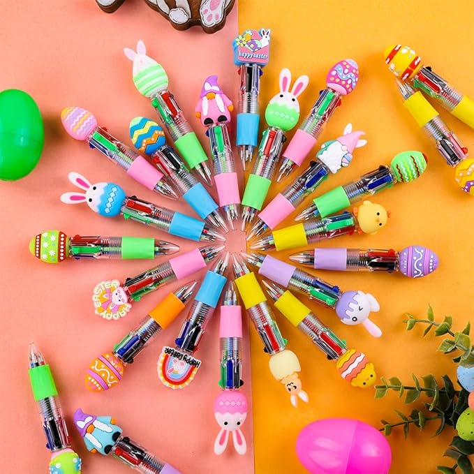 24PCS Easter Fun Pens Cute Multicolor Ballpoint Pens 4 Colors in 1 Kawaii Bunny Easter Egg Chicken Rainbows Gnome for Easter Basket Stuffers Party Favors Supplies Rewards Holiday Gifts