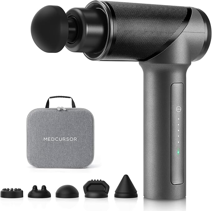 Medcursor Massage Gun, High Intensity Brushless Motor, Handheld Percussion Deep Tissue Massager with 6 Massage Heads for Sore Muscle and Stiffness (Gray)
