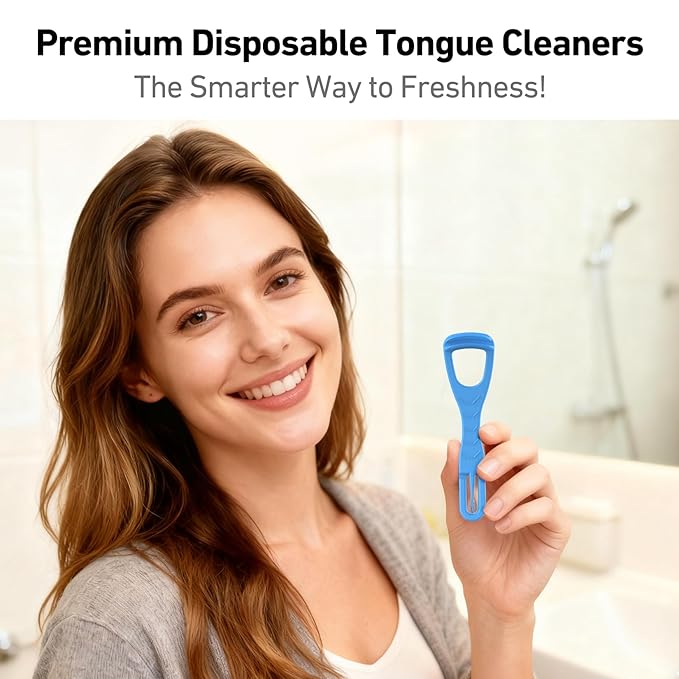 RAZOKO Tongue Cleaner with Safe Fold-Back Tooth Pick,100 Count BPA Free Disposable Tongue Scraper,Hygienic Scraper for Clean Tongue & Promote Fresh Breath