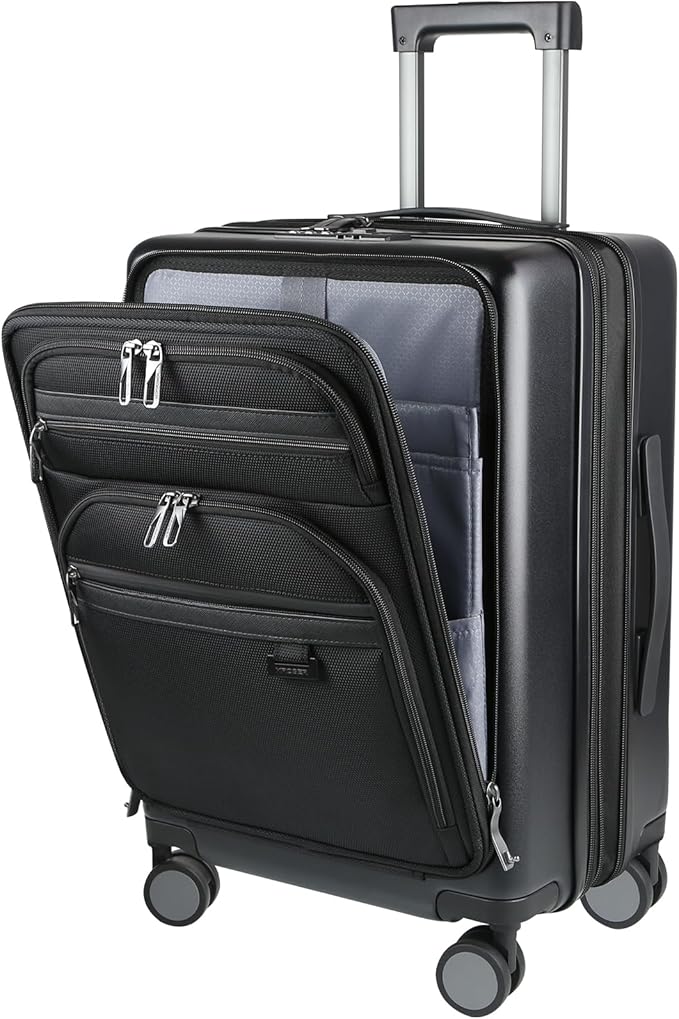 KROSER Hardside Expandable Carry On Luggage 22x14x9 Airline Approved With Front Business Pockets, 20 Inch Suitcases with Wheels, Carry on Suitcase with TSA Lock & USB Port, Black