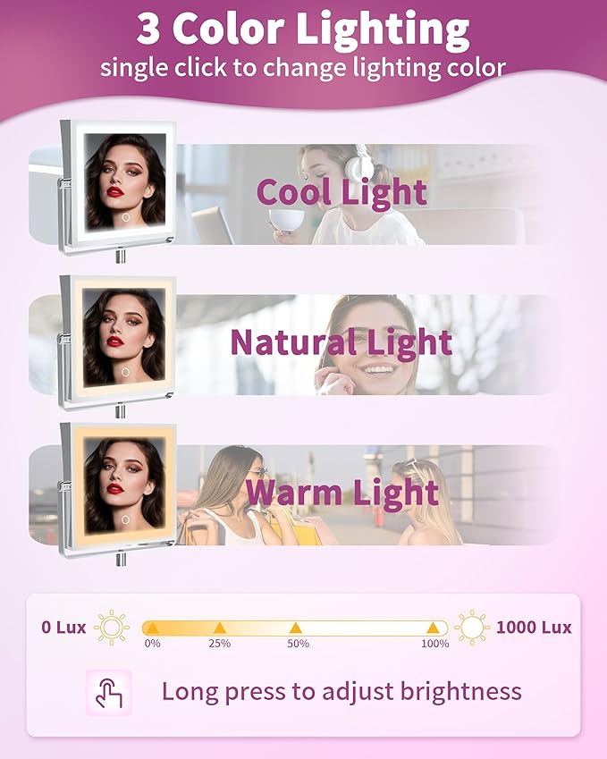 Rechargeable Wall Mounted Makeup Mirror with Lights, 4000mAh Double Sided 1X/10X Magnifying Vanity Mirror with 3 Color Lights, Touch Dimmable, 360° Extension Foldable Arm (Chrome)