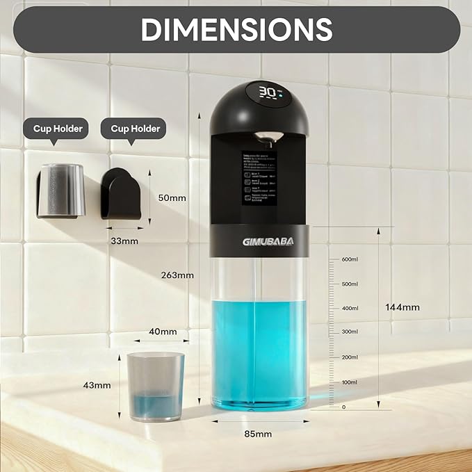 Upgraded Automatic Mouthwash Dispenser with 4 Dispensing Levels for Bathroom-GIMUBABA Smart Mouth Wash Dispenser Sets with 20.3 FL Oz Container,2 Cups & Wall Mount Accessories for Kids & Family(black)