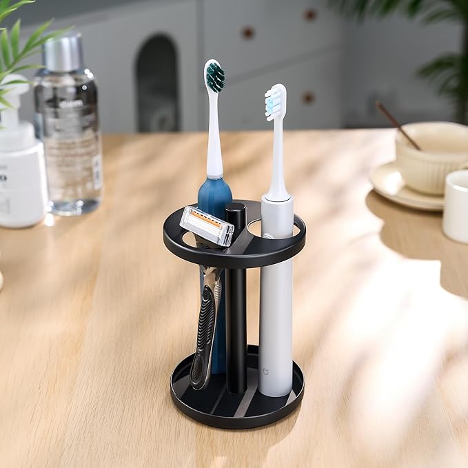 Electric Toothbrush Holder Stand for Bathroom: Stainless Steel Ventilated Organizer with Slots for Electric Toothbrushes & Razors, Black