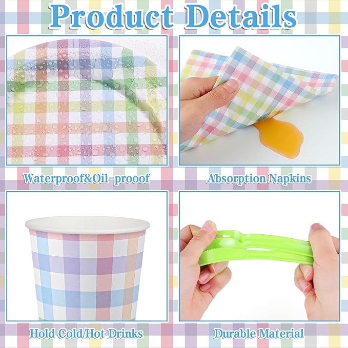 175 Pcs Easter Plates and Napkins, Easter Plaid Party Supplies Include Spring Pastel Gingham Plates Napkins Cups Plastic Cutlery Pastel Party Decorations for Baby Shower, Picnic, Birthday