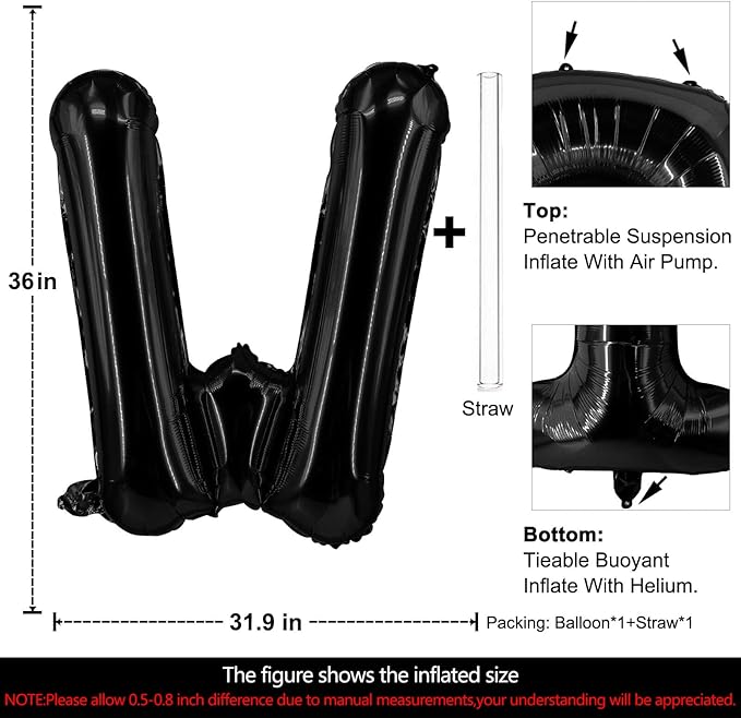 Lovoir 40 Inch Large Black Letter W Balloons Big Size Jumbo Mylar Foil Helium Balloon for Birthday Party Celebration Decorations Alphabet Black W