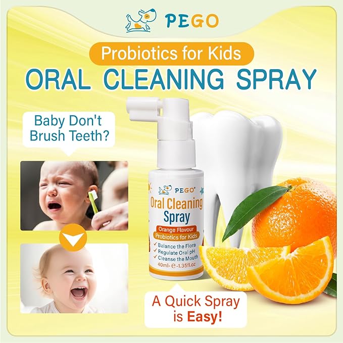PEGO Kids Oral Spray, Toddler Toothpaste Helper for Fresh Breath，Kid's Mouth Spray with Fluoride Free for Newborn to 12 Years (2Pack, Orange)