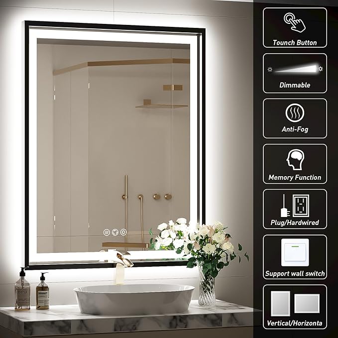28X36 Inch Framed LED Lighted Bathroom Mirror,Backlit and Front Wall Mounted Black Metal Vanity Mirrors with Lights,Double LED Dimmable Illuminated & 3 Colors Temperature Anti-Fog Mirror