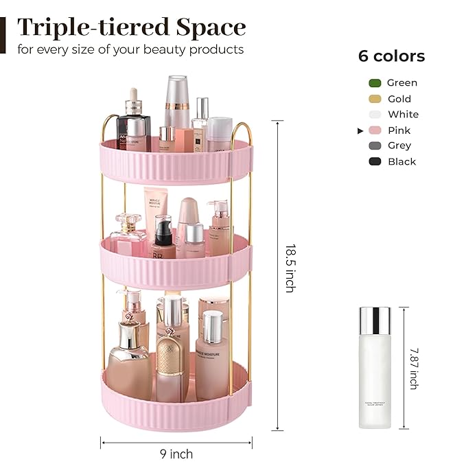 Aveniee 360 Rotating Makeup Organizer for Vanity, Skincare Perfume Organizers Large, Spinning Bathroom Counter Shelf Holder for Cosmetics, Skin Care, Lipsticks,3 Tiers, Pink