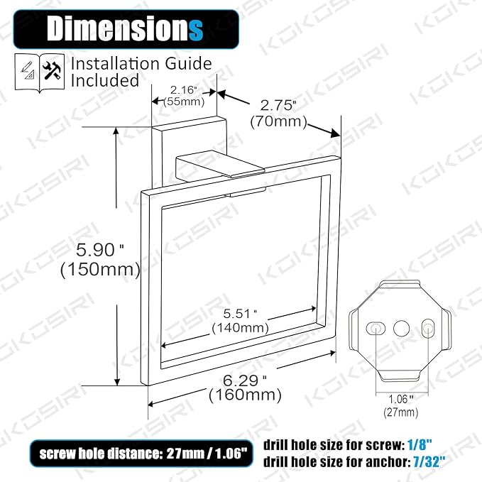 KOKOSIRI Hand Towel Ring Shower Towel Hanger Holder Bath Towel Holder Bathroom Lavatory Stainless Steel Wall Mount, Matte Black, B3004BK