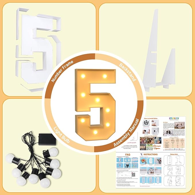imprsv 3FT Light Up Numbers, Marquee Numbers 5 for 15th 50th Birthday Decorations Anniversary Party Decor, Marquee Light up Letters, Pre-Cut Foam Board Kit