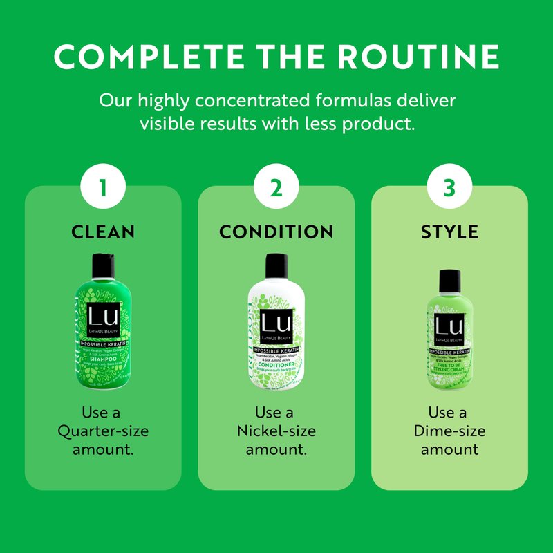 Lu by LatinUs Beauty Freedom Collection | Shampoo, Conditioner & Styling Cream with Impossible Keratin™, Moringa Oil, Cruelty Free, Sulfate Free, Paraben Free | 32 Fl Oz Total | 3-Piece Set