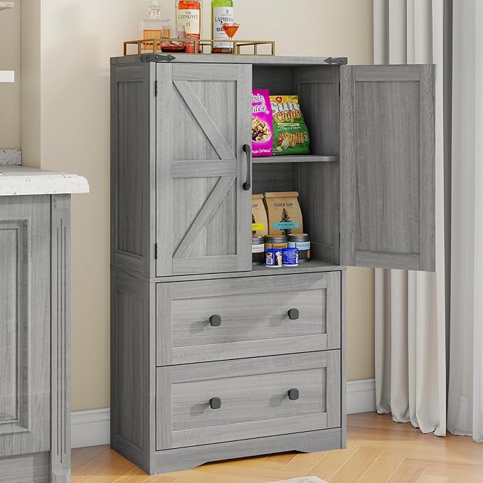 Farmhouse Bathroom Storage Cabinet with 2 Big Drawers and Barn Doors, Kitchen Pantry, Freestanding Storage Cabinet with Adjustable Shelves for Bathroom, Living Room, Kitchen (Wash Grey).