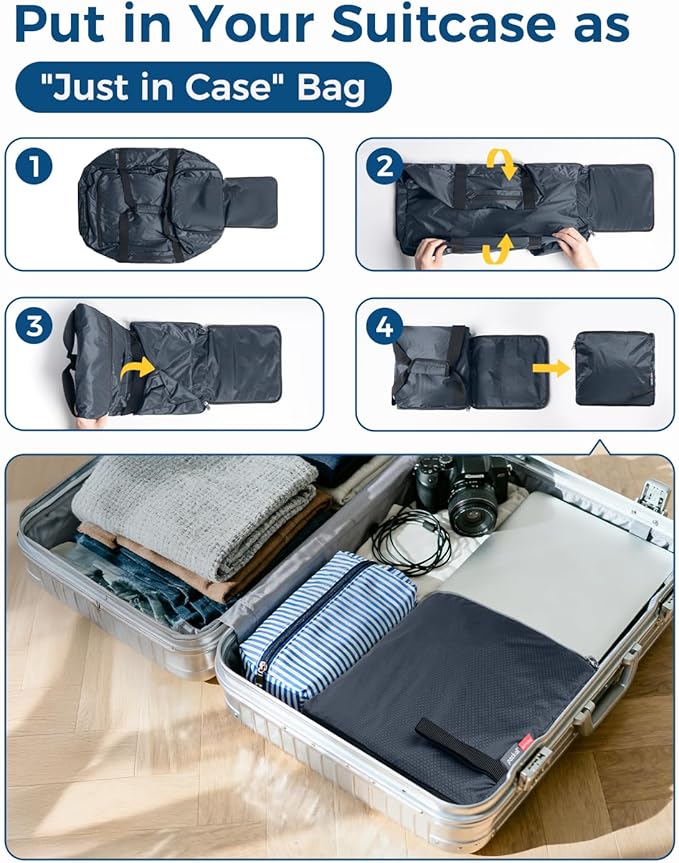 pack all 65L Foldable Travel Duffel Bag, Packable Weekender Bag with Shoe Compartment, Water-Resistant Gym Bag with Adjustable Strap for Overnight, Sports and Camping (Navy)