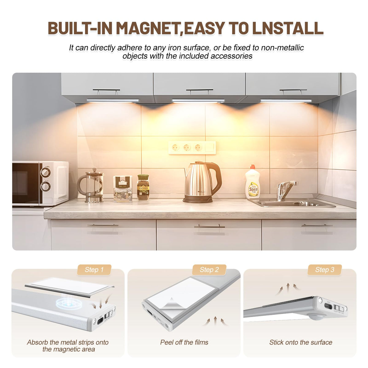6 Pack Under Cabinet Lights Wireless, 32 LED Motion Sensor Light Indoor Rechargeable Magnetic Closet Lights Battery Operated, Under Counter Lights for Kitchen, Wardrobe, Stairs, Warm Light