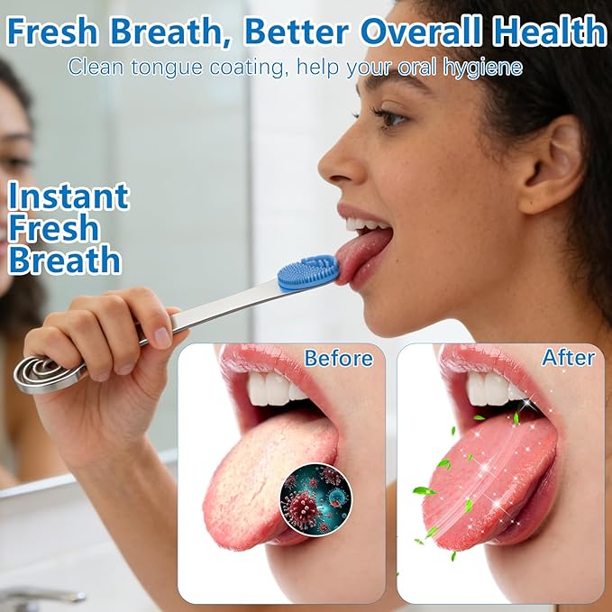 Tongue Scraper for Adults, 3-Layer Stainless Steel Tongue Scraper Metal Tongue Cleaner Tongue Scrubber, Reduce Bad Breath, with Soft Silicone Tongue Brush