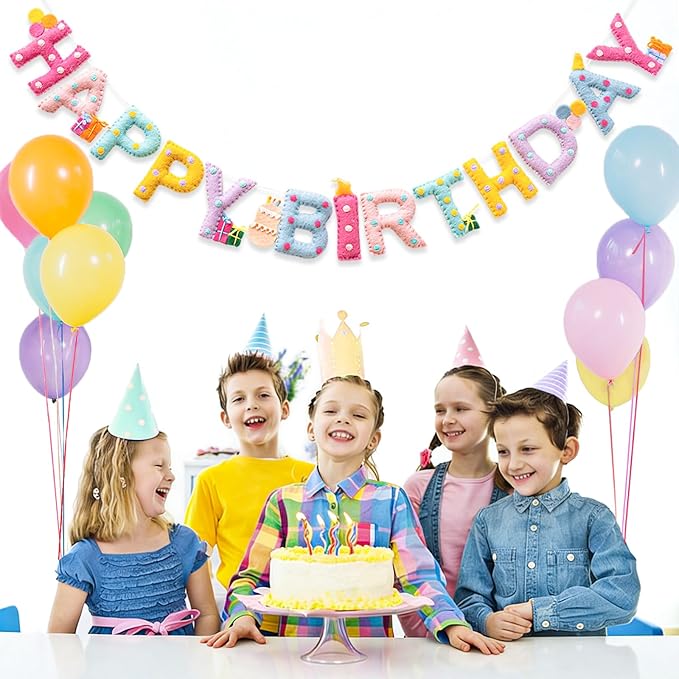 Updated Pre-Strung Handmade Wool Felt Pastel Happy Birthday Banner, Unique 3D Confetti Dots Happy Birthday Garland Decor, Reusable Happy Birthday Sign for Macaron Rainbow Party Backdrop Decorations