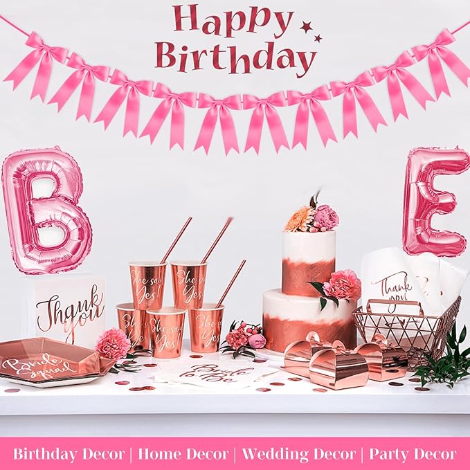 Hot Pink Bow Garland Bow Banner Bow Party Decorations Pre-Strung Large Coquette Satin Ribbon for Birthday Bachelorette Party Bridal Shower Wedding Engagement Baby Shower
