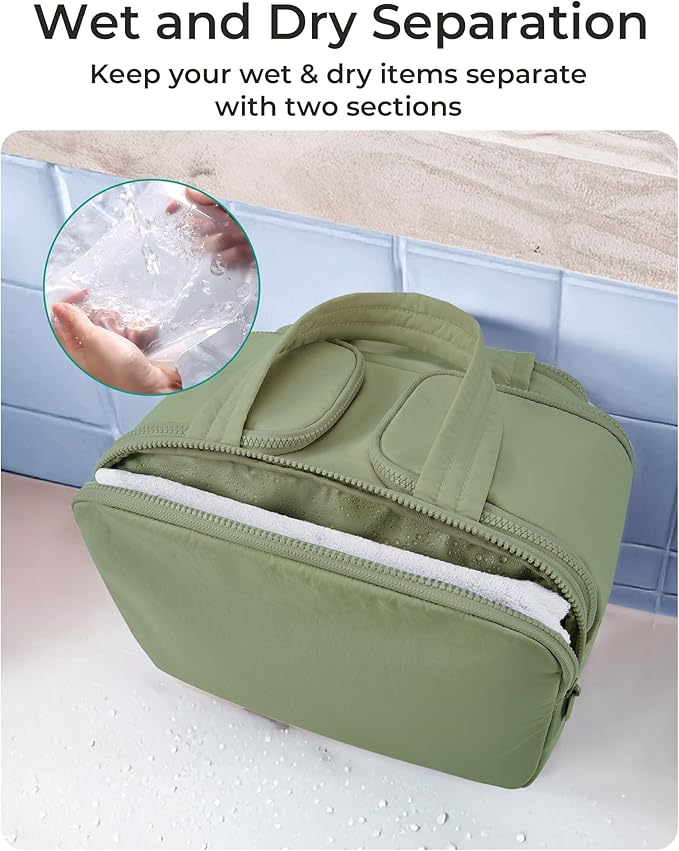 BAGSMART Travel Toiletry Bag, Lightweight Large Wide-open Travel Bag for Women, Puffy Cosmetic Makeup Bag Organizer with Handle for Accessories,Essentials, Toiletries, Green