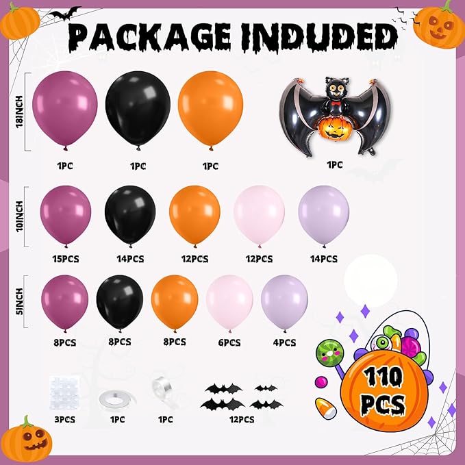 Halloween Balloon Arch Garland, Pink Purple Balloons with Star Cute Ghost Boo Foil Balloon, Metallic Purple Pink Black Latex Balloons Bat Stickers for Kids Girls Birthday Halloween Party Decorations