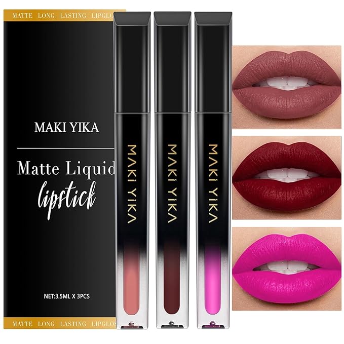 MAKI YIKA Red Lipstick Set for Women Color Stay Long Lasting Lipsticks Nude Red Pink Lipstick Transferproof Cruelty-Free Lip Color |Nude/DarkRed/HotPink