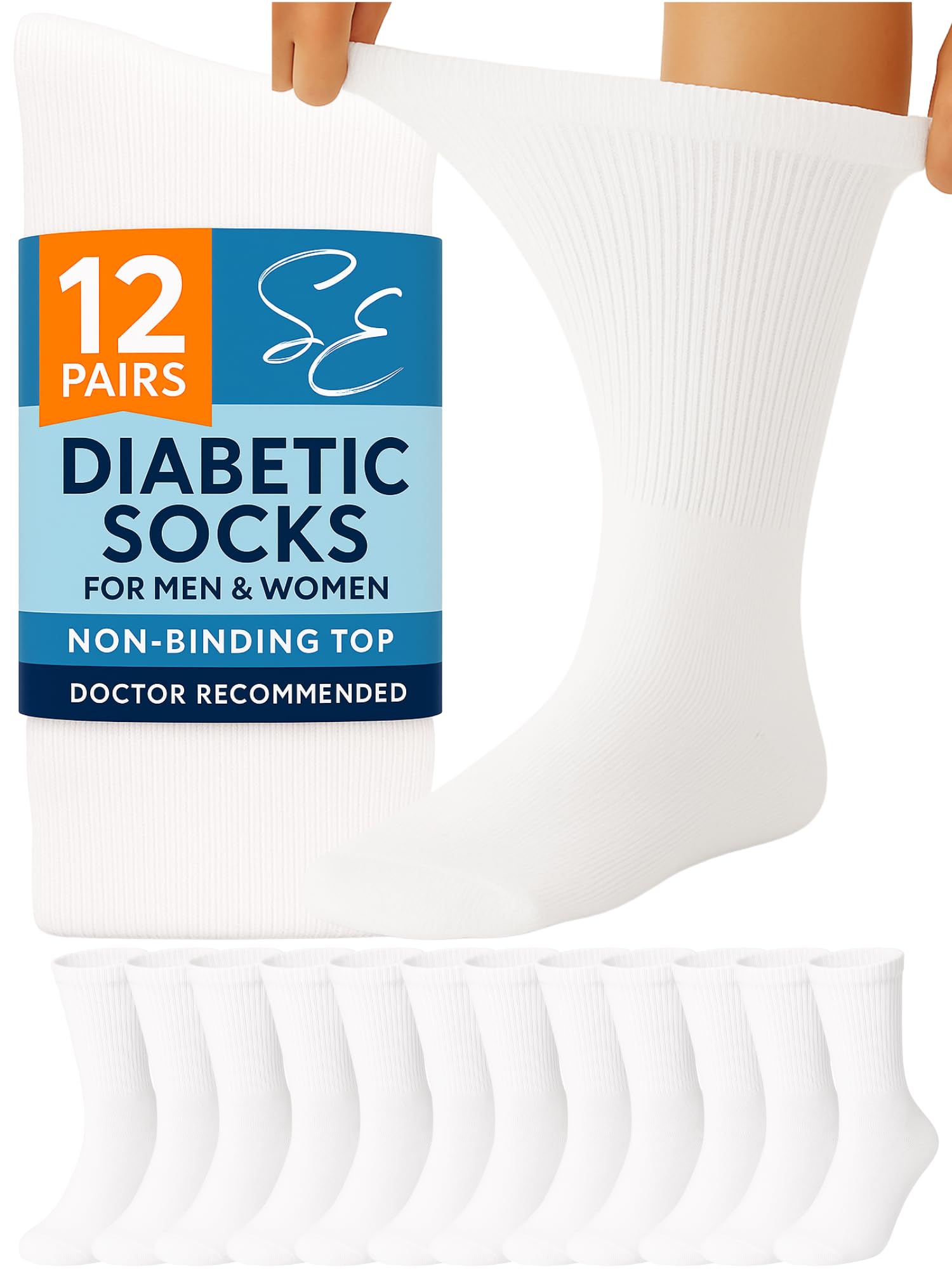 Special Essentials Diabetic Socks for Men & Women – 12 Pairs of Non-Binding Extra Wide Top Cotton Neuropathy Socks – Crew Length, White, 9-11