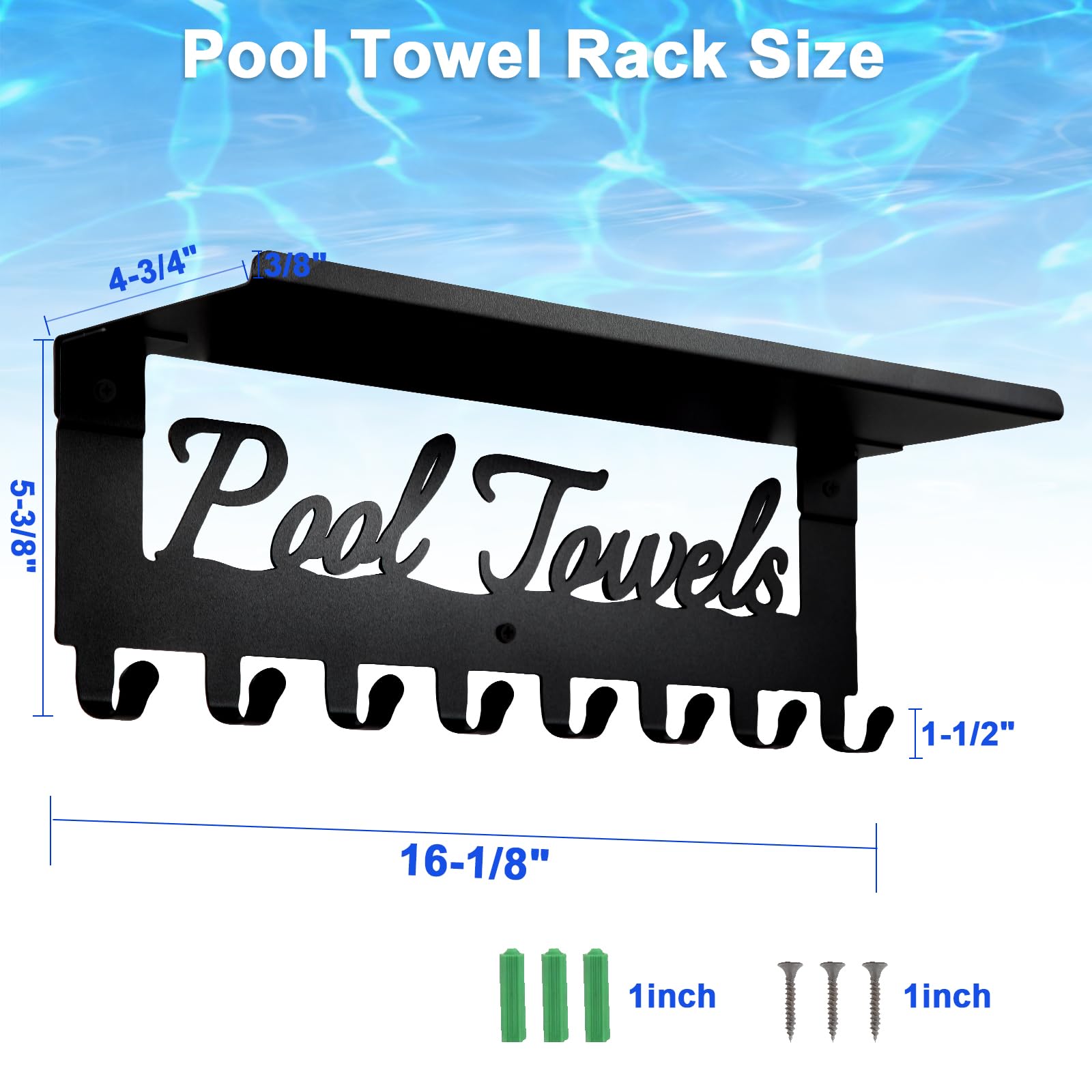 Topspeeder Pool Towel Racks with Shelf 8 Hooks for Pool Bathroom Wall Mount Towel Hooks Towel Holder Carbon Steel Hanger Organizer Pool Accessories Outdoor for Robe,Towel,Coat,Swimsuit,Bag,Keys