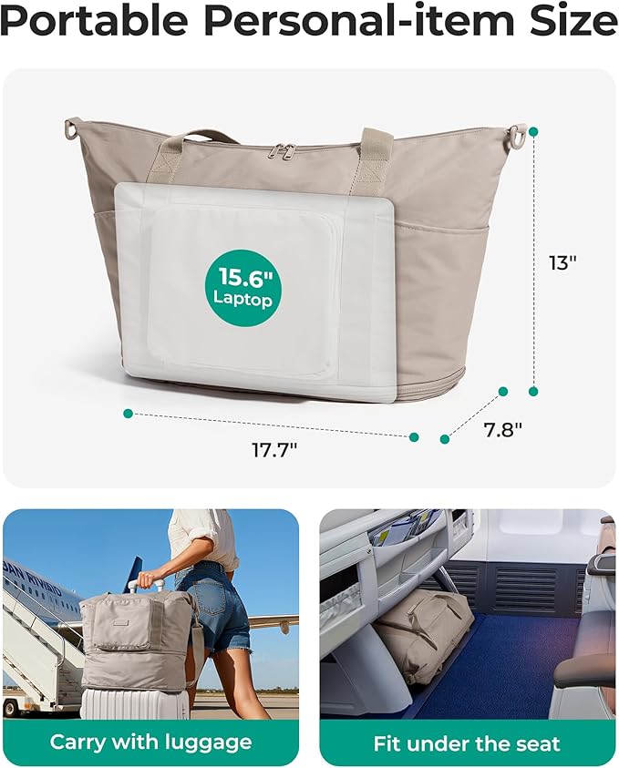 BAGSMART Foldable Travel Bag, 37L Expendable Personal Item Bag, Lightweight Weekender Bags for Women, Water Resistant Extra Carry on for Travel, Chocolate