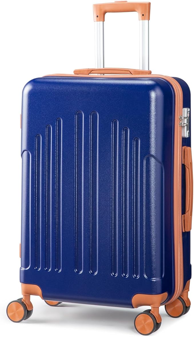 Karl home 24in Checked Luggage with TSA Lock, ABS Hardshell Check-in Suitcase with Spinner Wheels, Durable Medium Suitcase Rolling Luggage for Business Travel, Navy Blue & Brown