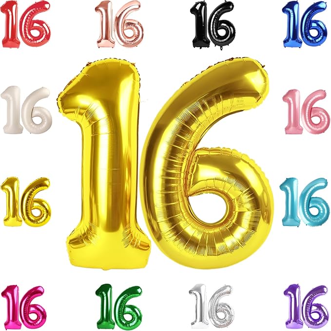16 Balloon Number, Gold Number 16th Birthday Balloons 40 Inch, Sweet Sweet 16 Years Old Gold Birthday Decorations for Boys Girls, 16th Anniversary Decorations