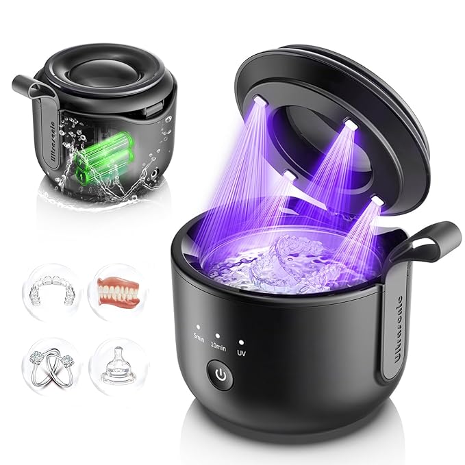 Ultrasonic Retainer Cleaner Machine: 48kHz Rechargeable Cordless Denture Cleaner - Waterproof Ultrasonic Jewelry Cleaner - 200ML Dental Cleaning Pod for Mouth Guard, Aligner