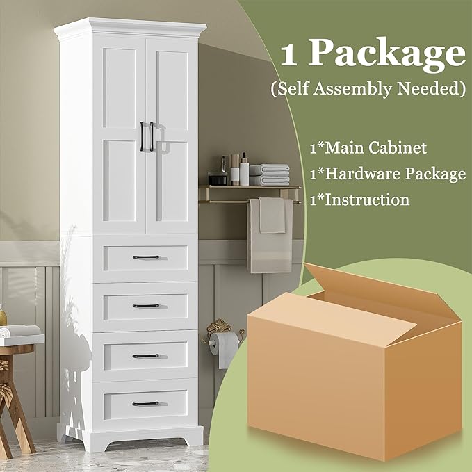 Tall Freestanding Storage Cabinet with 2 Doors & 3 Drawers, Multi-Purpose Organizer with Adjustable Shelf for Bathroom, Office, Living Room, White