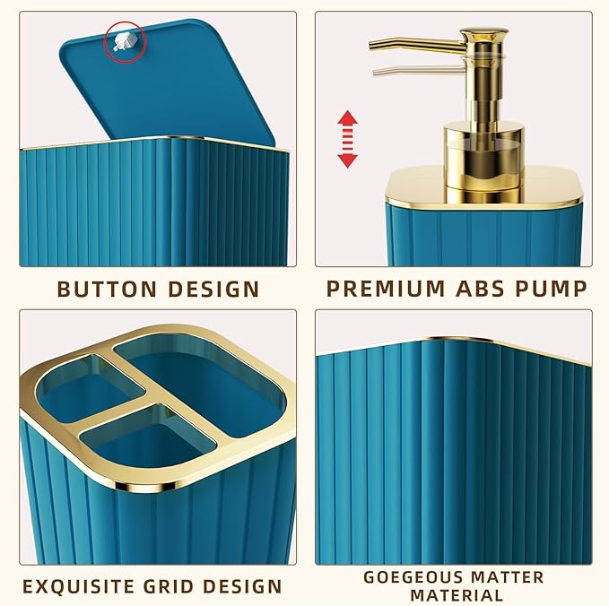 Bathroom Accessories Set - Gorgeous Bathroom Set, 10PC Teal Bathroom Accessory Set, Toilet Brush, Trash Can, Qtip Holder Dispenser & Soap Dispenser