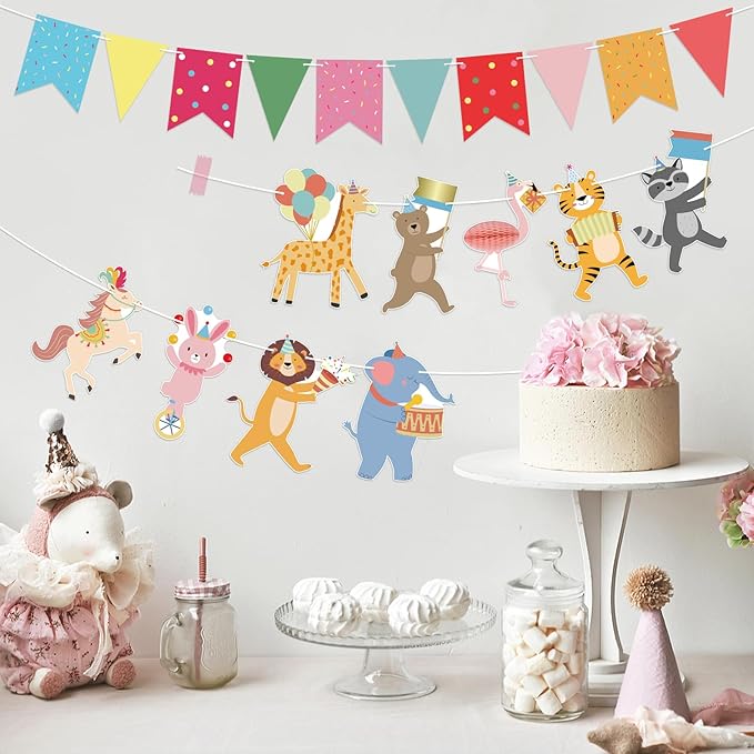 Hooqict Animal Party Banner with Colorful Pennant Banner Flag Animal Parade Birthday Decorations Happy Birthday Garland for Kids Girls Boys Zoo Carnival Circus Party Decorations Supplies
