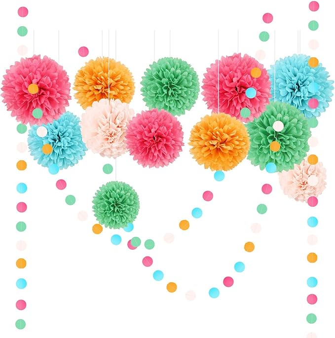 AOBKIAT Rainbow Birthday Decorations for Girls Women,15PCS Colorful Tissue Paper Pom Poms,Paper Garland String,for Candyland Theme Baby Shower Wedding Fiesta Party Hanging Backdrop