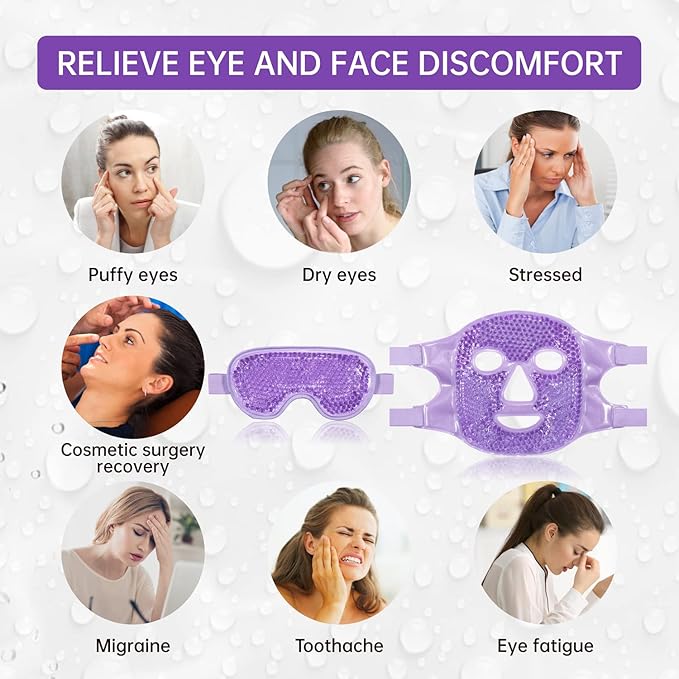 ZNÖCUETÖD Cooling Ice Face Eye Mask for Reducing Puffiness, Bags Under Eyes,Sinus,Redness,Pain Relief,Dark Circles, Migraine,Hot/Cold Pack with Soft Plush Backing (Purple(1* Eye Mask+1*Face Mask))