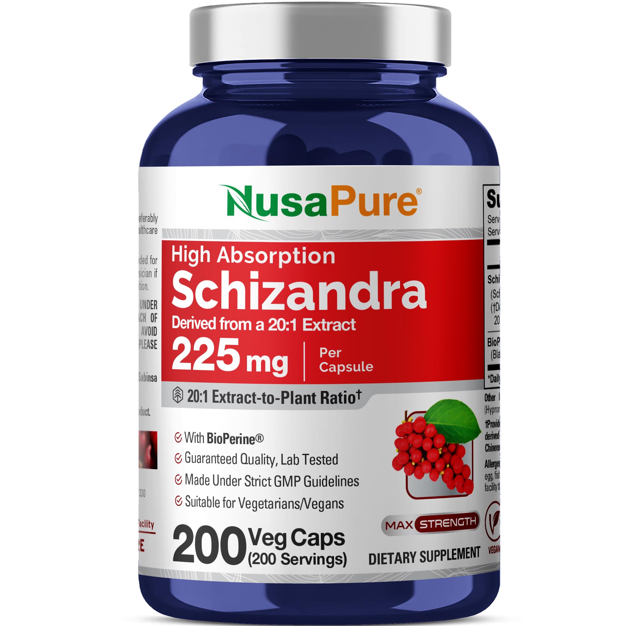NusaPure Schizandra Berries Capsules, 225 mg, 200 Veg Capsules (Non-GMO, Vegan)