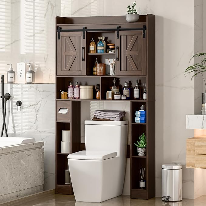 Farmhouse Storage Cabinet Over Toilet with Sliding Doors，Over The Toilet Storage Cabinet, Home Space-Saving Toilet Rack, for Bathroom, Restroom, Laundry.Espresso