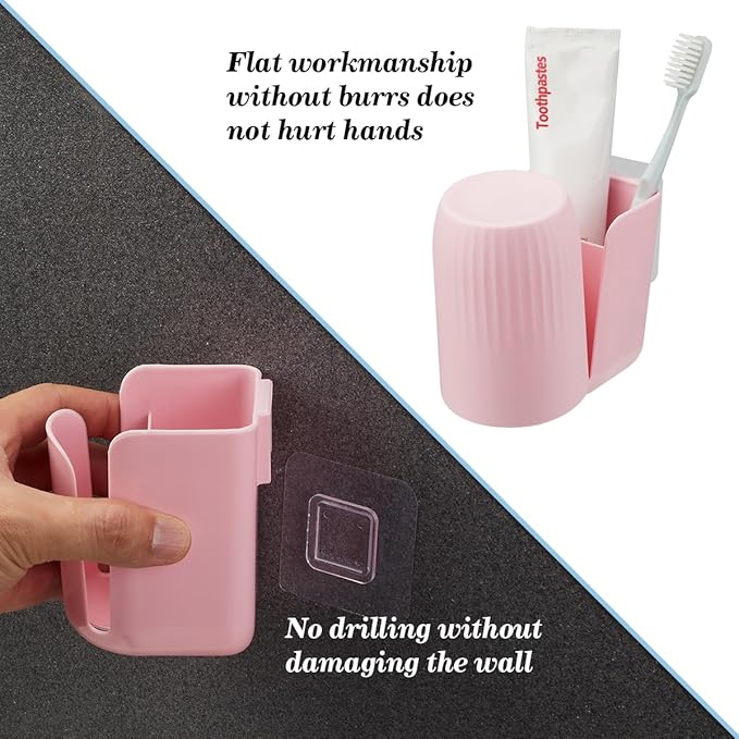 Toothbrush Holders for Bathrooms Toothbrush Holders Wall Mounted BPA-Free Tooth Brush Holder with Toothbrush Cup Drilling-Free (Pink)