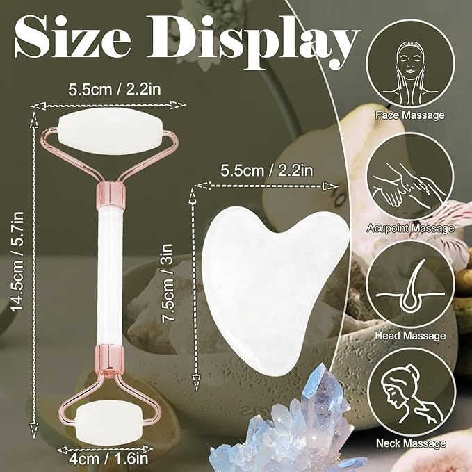Jade roller and gua sha, facial roller, women's skincare tool, self-care gift, face, eye, neck massager, relieves fine lines and wrinkles, aventurine, opal, rose quartz