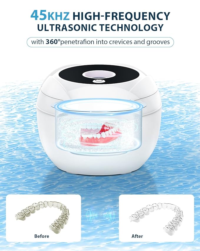 Ultrasonic Retainer Cleaner-45kHz Retainer Cleaner Machine,4 Modes Ultrasonic Cleaner for Dentures, Aligners,Mouth Guards, Braces,Toothbrush,Jewelry-200ML Dental Pod(White)