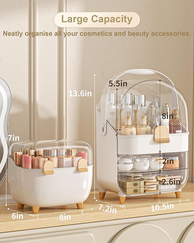 Makeup Organizer with Lipstick Holder, Skincare Organizers Storage Box Cosmetic Display Cases, Teen Girl Gifts Make up Organizers for Vanity, Dresser, Countertop, Bathroom(Rose Gold)