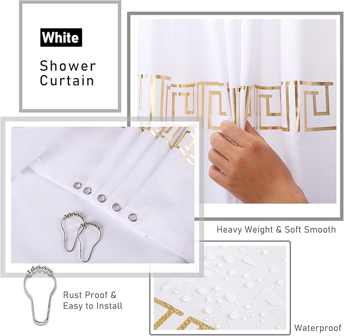 11PCS Bathroom Sets with Shower Curtain and Rugs Bathroom Accessories Set White Bathroom Set,Soap Dispenser & Toilet Brush Holder Set with Stainless Steel Trash Can