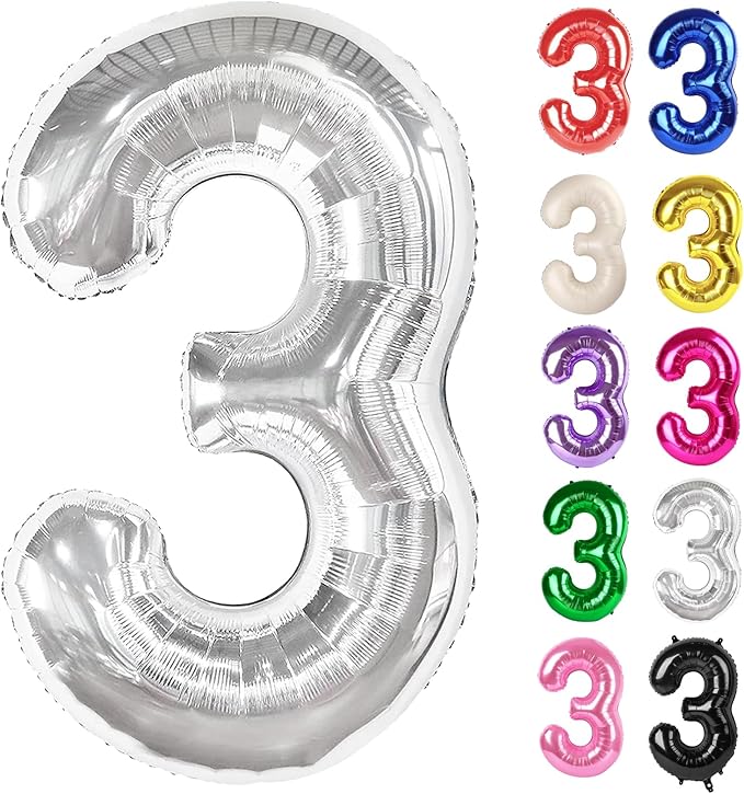 Silver Number 3 Balloon 40 Inch, 3 Balloon Number, 3rd Birthday Decorations, Silver Party Supplies for Boys Girls