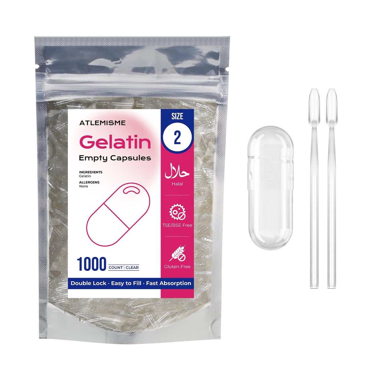 ATLEMISME Empty Gelatin Capsules Size 2 - Gelatin Capsules Empty (1000 Count) Empty Capsules DIY Gelatin Capsule Filling - Gel Capsules Empty Caps with 2 Micro Lab Spoons for Capsule Filling