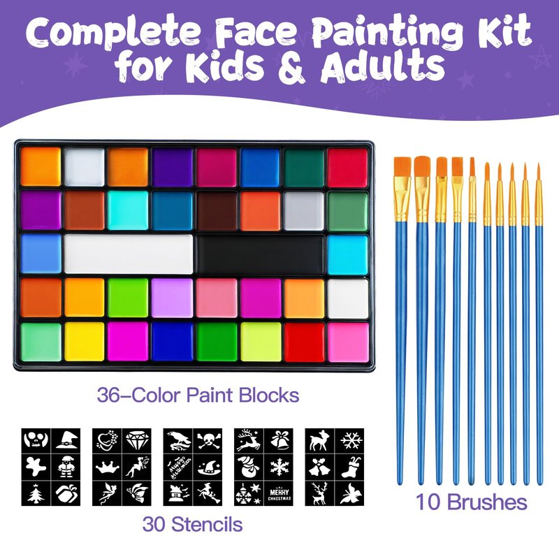 Face Painting Kit for Kids, 36 Colors Water Activated Face Paint with Brushes & Stencils, Non-Toxic Halloween Makeup Kit, Professional Face Body Paint for Halloween, Parties, Carnival, School Events