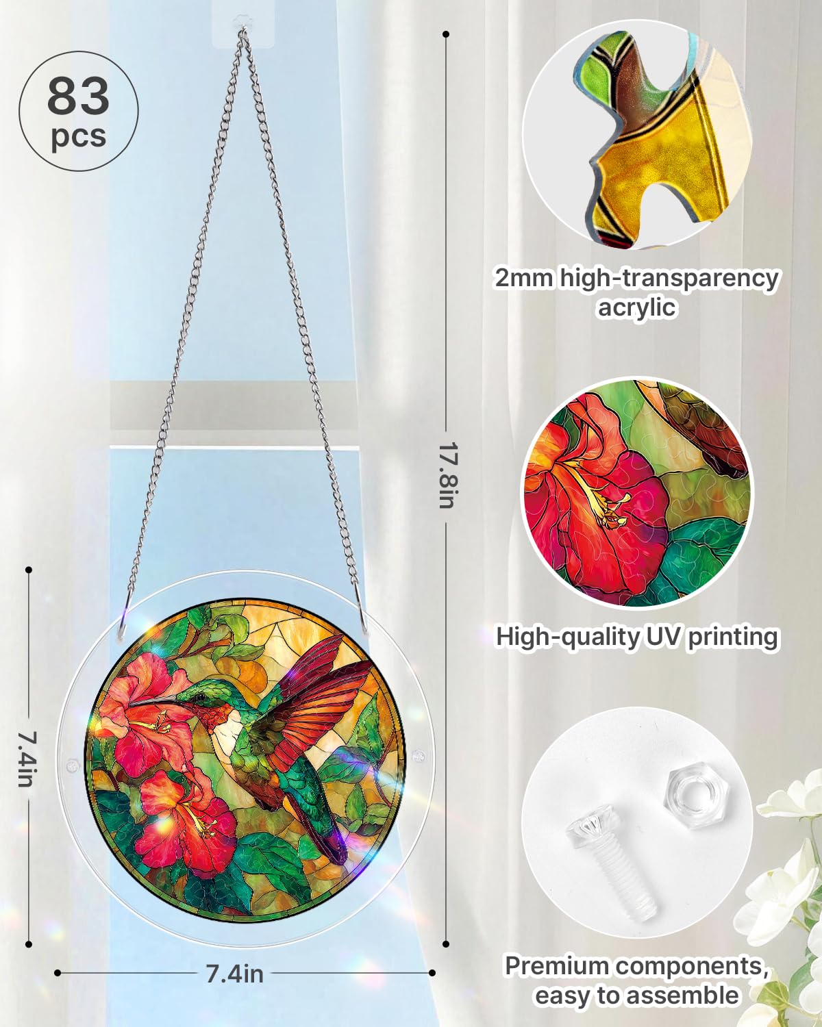 KaayeeWood Acrylic Suncatcher Puzzle, Emerald Flame Hummingbird-7.4 in
